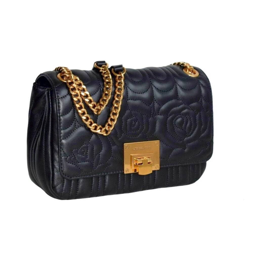 Michael Kors Vivianne Medium Quilted Rose-Embroidered Leather Shoulder - Black - Picture 2 of 8